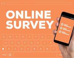 Phone screen with checkboxes against orange background that reads online survey.