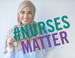A nurse smiling with 'nurses matter' logo