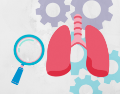 Magnifying glass and pair of lungs in cartoon form.