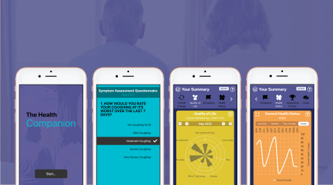 Four smart phone screens depicting parts of the Healthcare Companion app